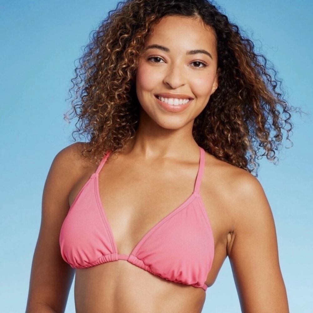Shade And Shore Cross Back String Triangle Bikini Top Ribbed Pink Size S NWT